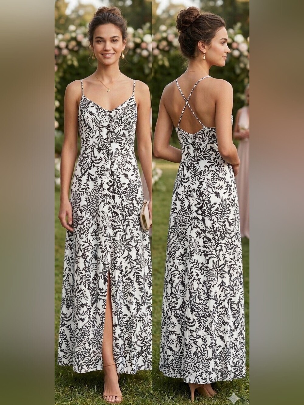ZARA Monochrome Botanical Print Maxi Dress – Button Front with Slit – Size L